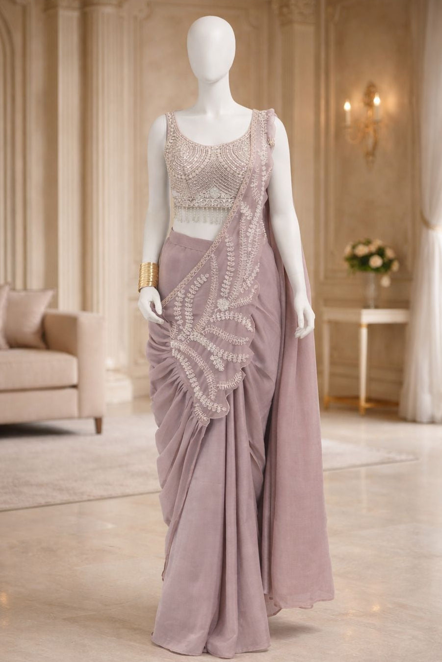 Heavy Rangoli Embroidery Sequence Ready to Wear Saree with Embroidery Blouse