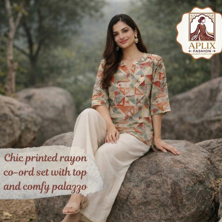 Rayon Slub Digital Print Co-ord Set with Plazoo Pants