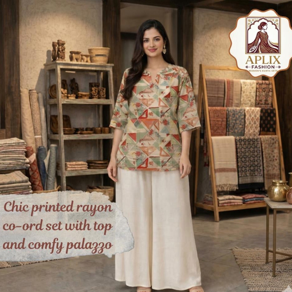 Rayon Slub Digital Print Co-ord Set with Plazoo Pants