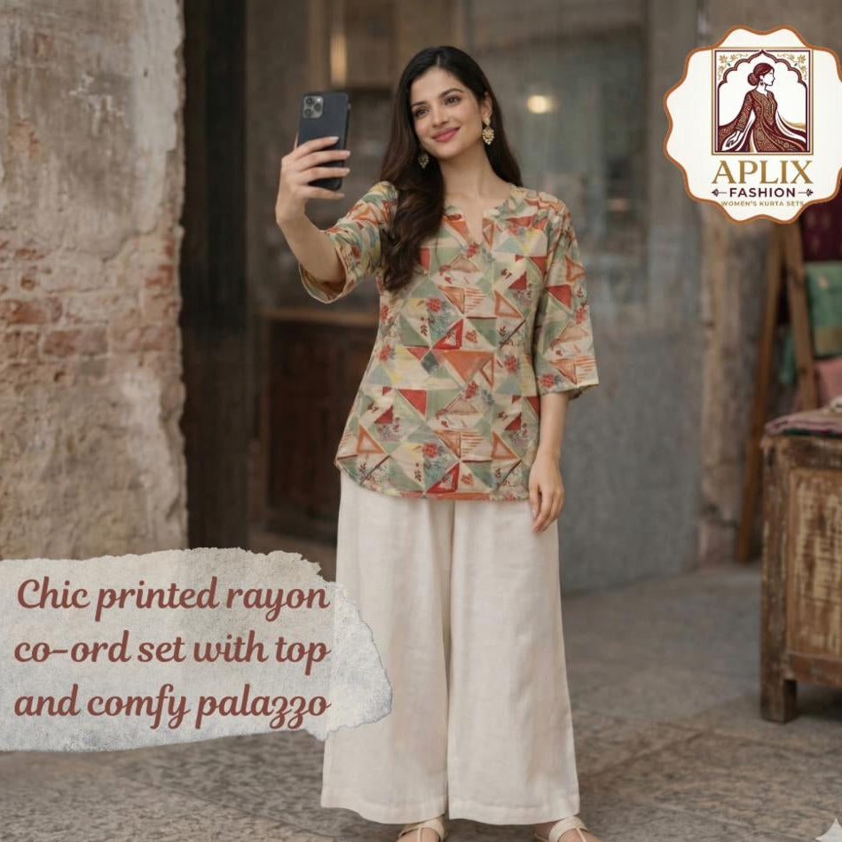 Rayon Slub Digital Print Co-ord Set with Plazoo Pants